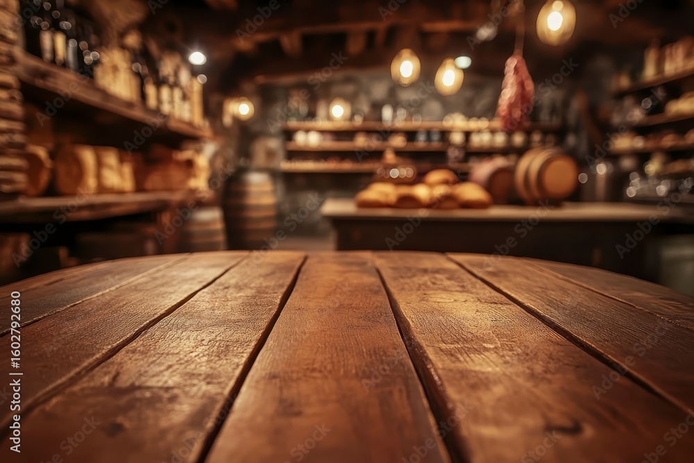 Poster close-up shot of an empty wooden tabletop in a rustic setting