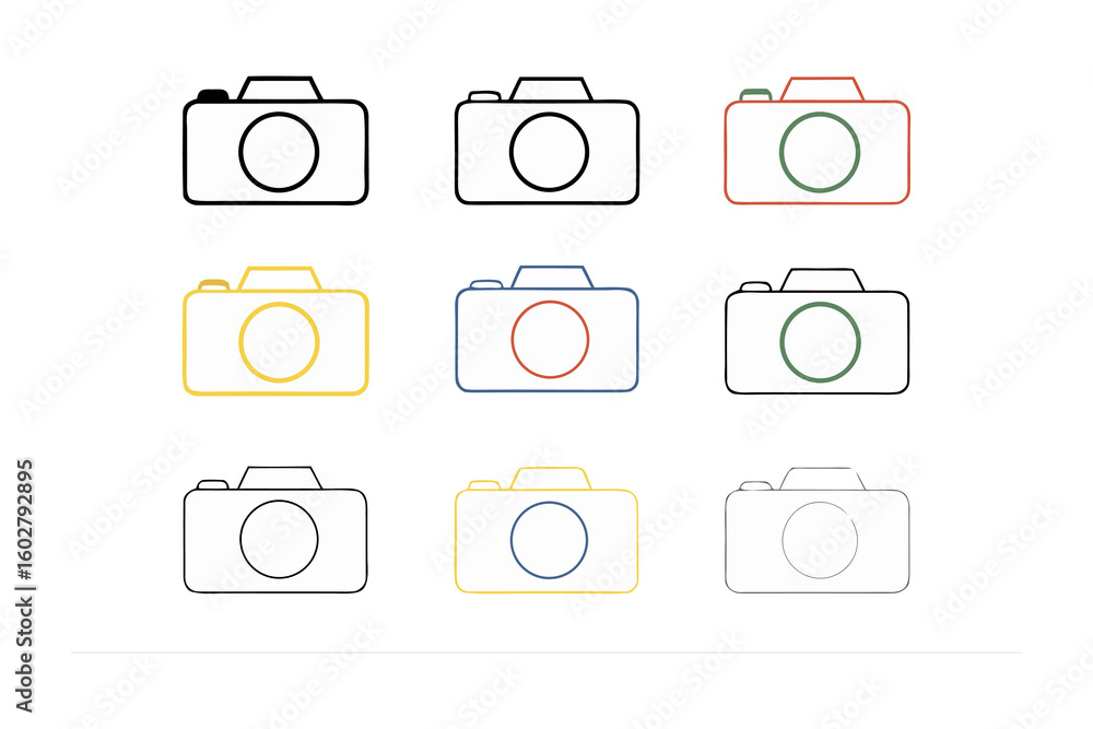 Poster a collection of stylized camera icons featuring simple line art and subtle color accents on a white 