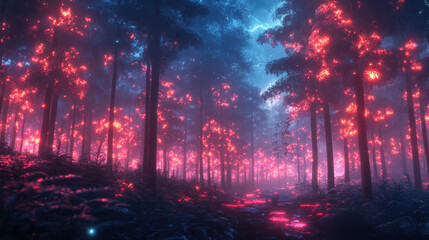 Enchanted Forest at Night Glowing Red and Blue Trees in a Mystical Digital Landscape