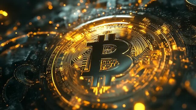 Close-up of Bitcoin symbol with glowing effects - Powered by Adobe