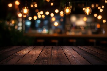 Dark Wooden Table with Blurred Background of Warm Light Orbs