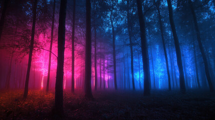 Enchanted Forest at Night Pink and Blue Glowing Trees