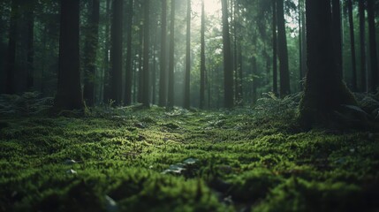 Fototapeta premium Morning Light Illuminates Dense Forest Floor Blanketed in Moss