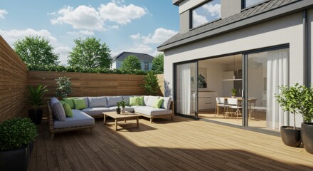 Modern Backyard Patio with Wooden Deck and Outdoor Furniture