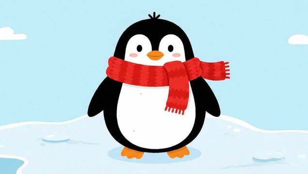 Cute Cartoon Penguin With Red Scarf Winking Animation Loop