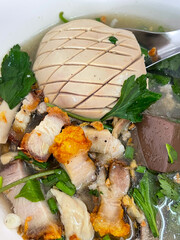 Thai Style Clear Soup with Congealed pork blood, pork entrails clear soup. Chinese food.