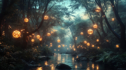 Enchanted Forest at Night with Glowing Orange Orbs and a Tranquil River