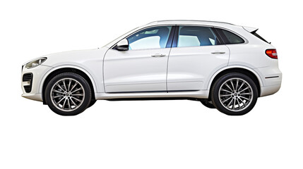 Fototapeta premium A pristine white sport utility vehicle showcases a modern design, featuring sleek lines and alloy wheels on a transparent backdrop.