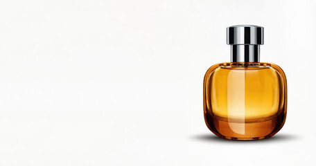 Orange perfume bottle on vertical white background with empty space.