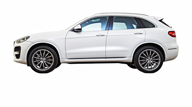 A pristine white sport utility vehicle showcases a modern design, featuring sleek lines and alloy wheels on a transparent backdrop. - Powered by Adobe