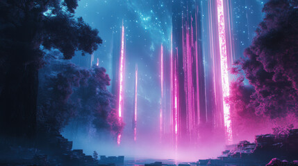 Enchanted Forest at Night with Glowing Pink and Blue Pillars