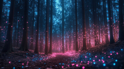 Enchanted Forest at Night Pink And Blue Glowing Lights Magical Atmosphere