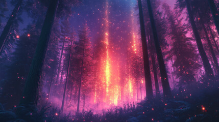 Enchanted Forest at Night with Glowing Pink and Purple Lights