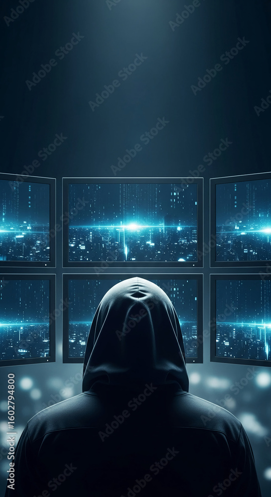 Poster hooded figure facing multiple screens displaying digital data, symbolizing cybersecurity, hacking, o