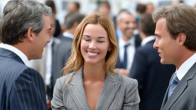 Business Networking Conversation: A captivating scene of professionals at a corporate gathering, engaging in dynamic and animated discussions, illustrating the essence of networking and collaboration.