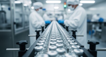 Fototapeta premium Glass vials containing vaccines or medications moving along a conveyor belt in a sterile pharmaceutical factory, with scientists working in the background ensuring quality control