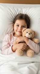 Fototapeta premium Smiling girl in pink pajamas hugs teddy bear in bed White bedding creates cozy scene Symbolizes childhood innocence, comfort, and security