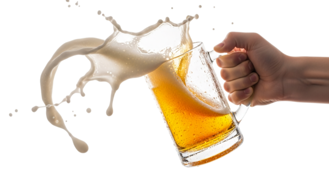 Photo of a hand holding a mug of beer with a splash isolated on transparent background - Powered by Adobe