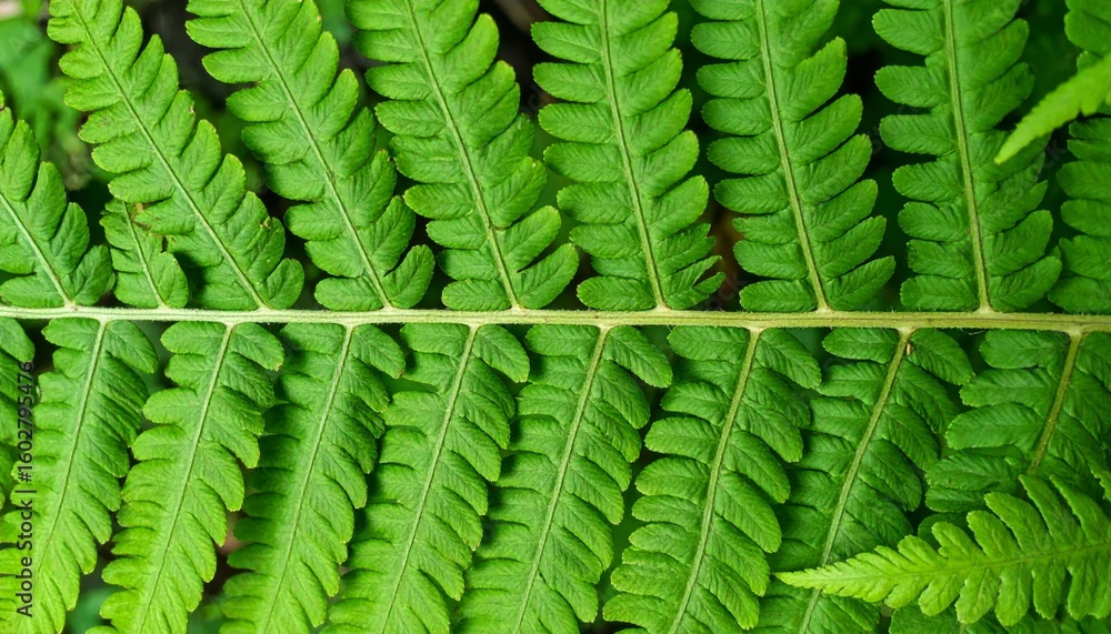 Poster detailed macro view of a vibrant green fern leaf showing intricate vein pattern