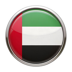 Fototapeta premium Glossy 3 D circular button icon featuring the United Arab Emirates flag with a metallic silver border isolated on a transparent background
