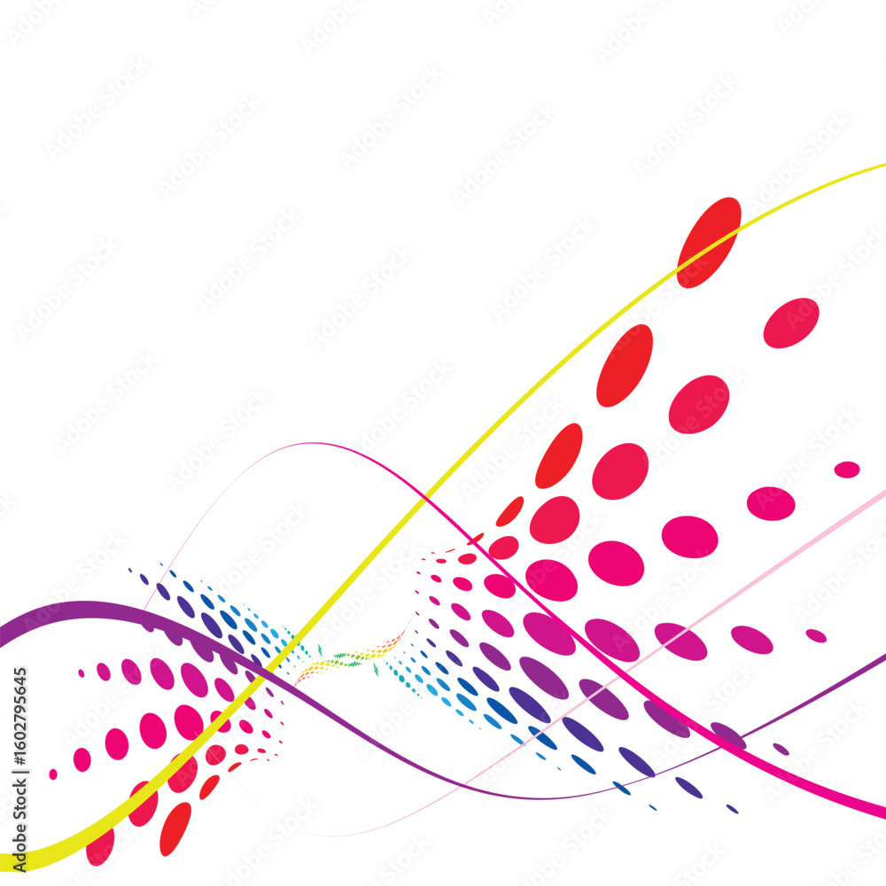 Poster dynamic digital art with rainbow dots forming motion trails and swooshing lines.