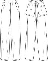 Women’s wide leg drawstring pants, fashion flat sketch, front and back view, casual trouser cad drawing flat vector illustration