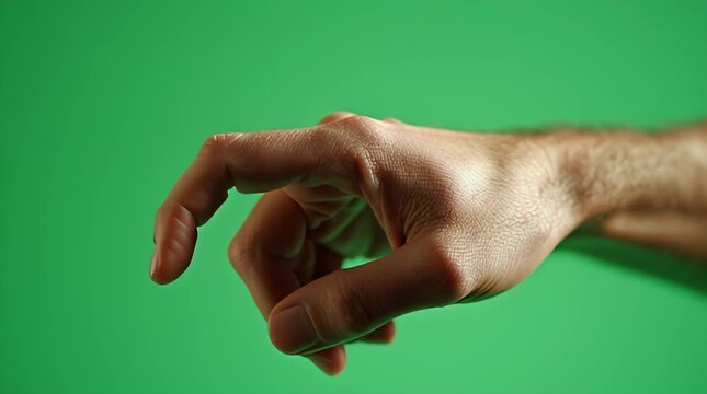 A human hand gesture with index finger pointing up and palm facing forward in green screen video for presentation