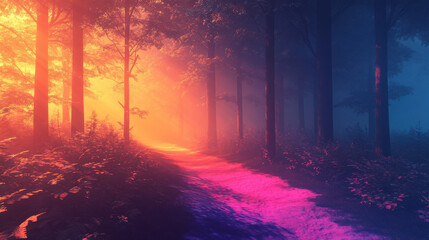 Enchanted Forest Path at Sunset Vibrant Pink and Purple Hues