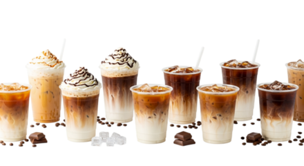 Photo of a variety of iced coffee drinks with cream and chocolate isolated on transparent background