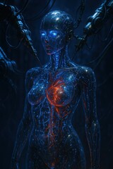 Biomechanical Woman With Exposed Red Glowing Heart