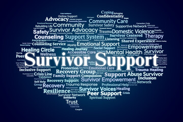 Survivor Support Word Cloud. Highlighting Key Terms in Recovery and Peer Empowerment