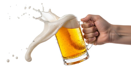 Photo of a hand holding a mug of beer with a large splash isolated on transparent background