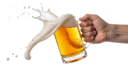 Photo of a hand holding a mug of beer with a large splash isolated on transparent background