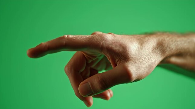 Hand pointing upward with open palm on a bright green screen video for compositing and tutorial use