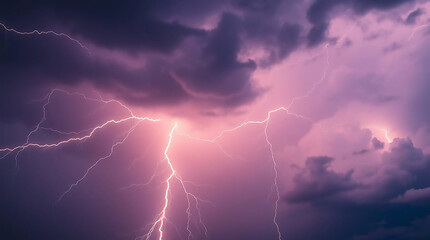 Ai generated image of a vibrant display of lightning illuminates a stormy sky with shades of purple and pink