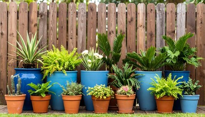 Colorful potted plants arranged along a wooden fence