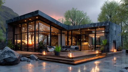 Obraz premium Modern glass villa with private deck, surrounded by nature, showcases stunning architecture and serene atmosphere. warm glow from interior lights contrasts beautifully with evening sky