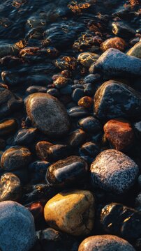 Colorful stones on the water's edge.