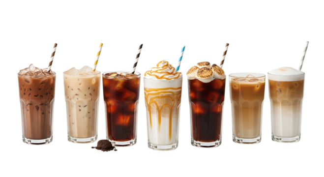 Photo of a delightful assortment of iced coffee beverages isolated on transparent background