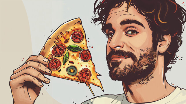 Man smiling while holding pizza slice in a playful manner  