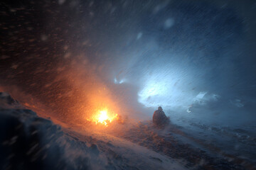 Glowing Campfire Against a Fierce Snowstorm: A High-Drama Struggle in Harsh Elements