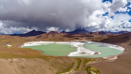 High-altitude panoramic view of a colorful, saline lake nestled amidst a rugged, mountainous landscape
