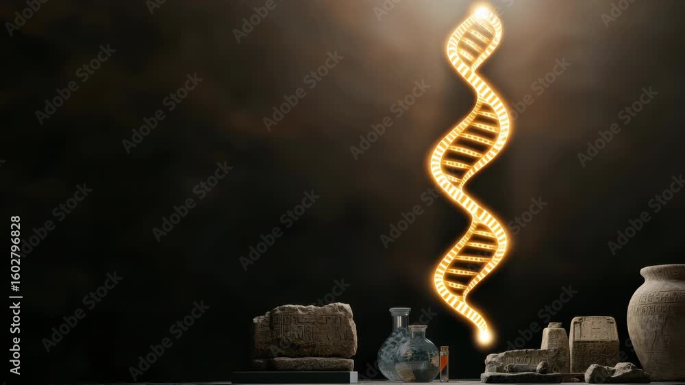 Aufkleber glowing dna double helix rises above ancient artifacts, symbolizing connection and fusion of science