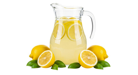 Photo of a refreshing pitcher of homemade lemonade with lemons and basil isolated on transparent background