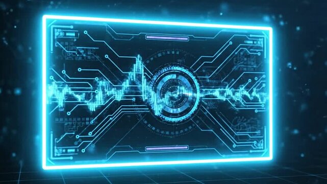 A glowing blue rectangular HUD with circuitlike patterns and a circular center design set against a dark techy background