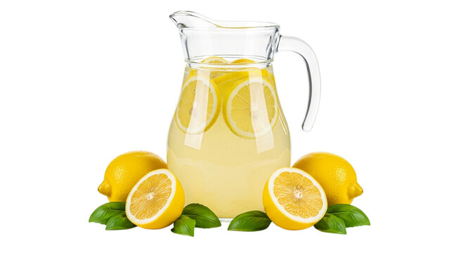 Photo of a refreshing pitcher of homemade lemonade with lemons and basil isolated on transparent background