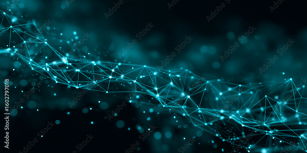 Poster abstract image of teal network nodes and connections on dark background, showcasing digital connecti
