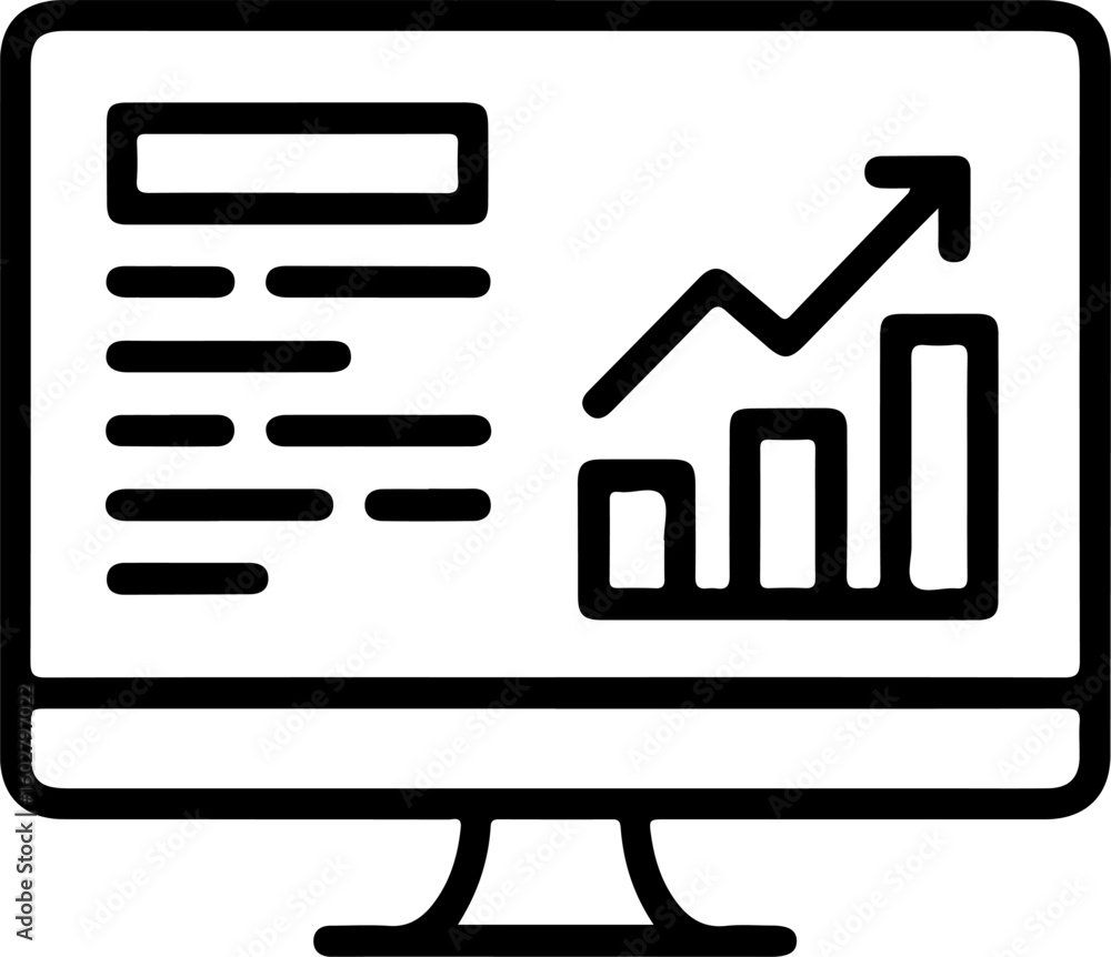 Poster computer screen displaying financial data with a rising bar graph and upward trend arrow