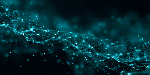 Abstract image of teal network nodes and connections on dark background, showcasing digital connectivity and technology, ideal for website banner or tech presentation
