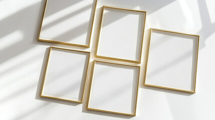 5 blank mockup prints with thin gold frames lying  on a white background. 3d illustration.